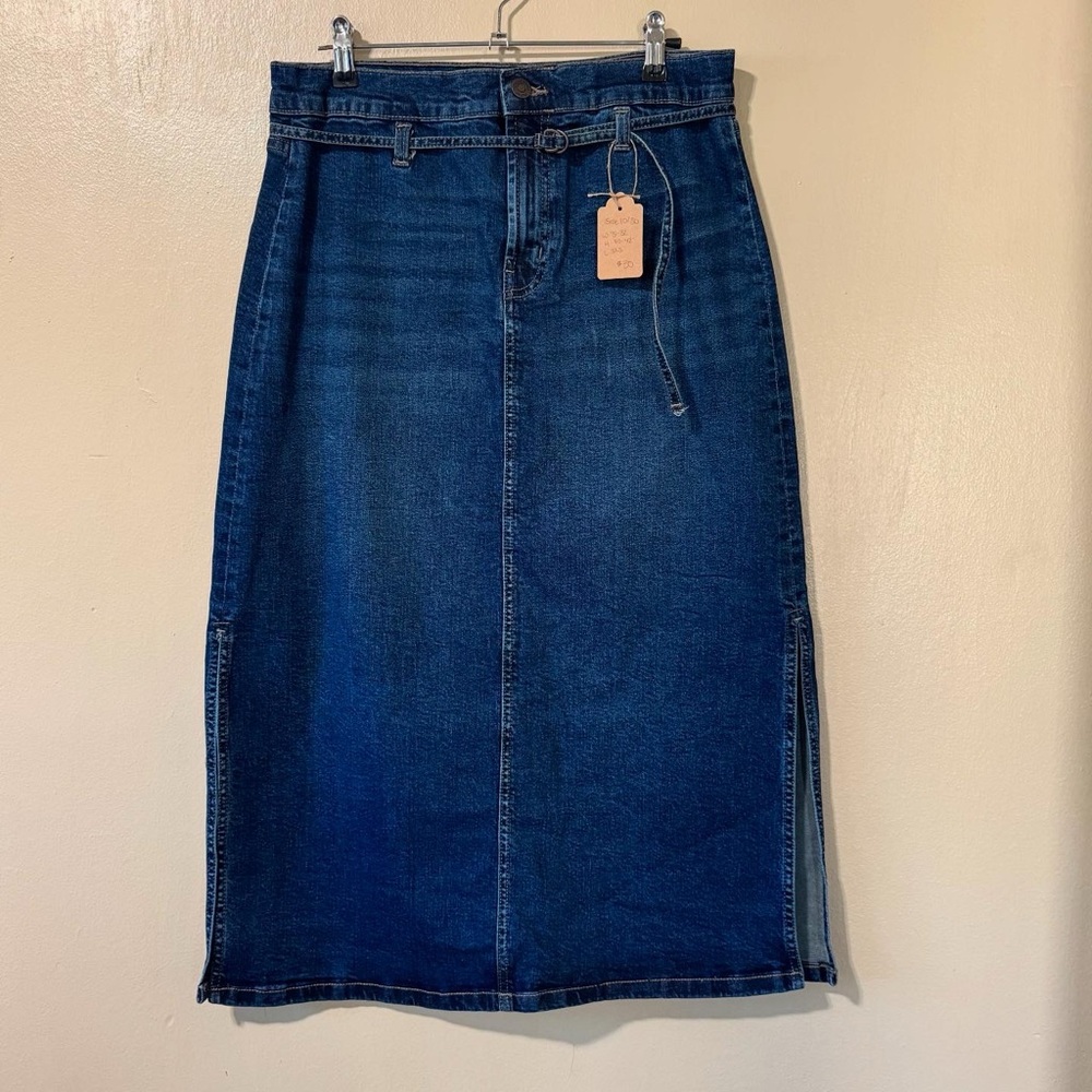 Calvin Klein Jeans dark wash denim midi skirt with dainty belt and side slits